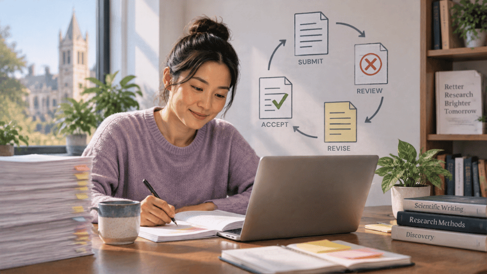 A smiling female researcher working at her laptop beside a massive stack of papers. A digital graphic floats beside her, illustrating the cyclical process of submit, review (with a red X), revise, and accept (with a green checkmark).