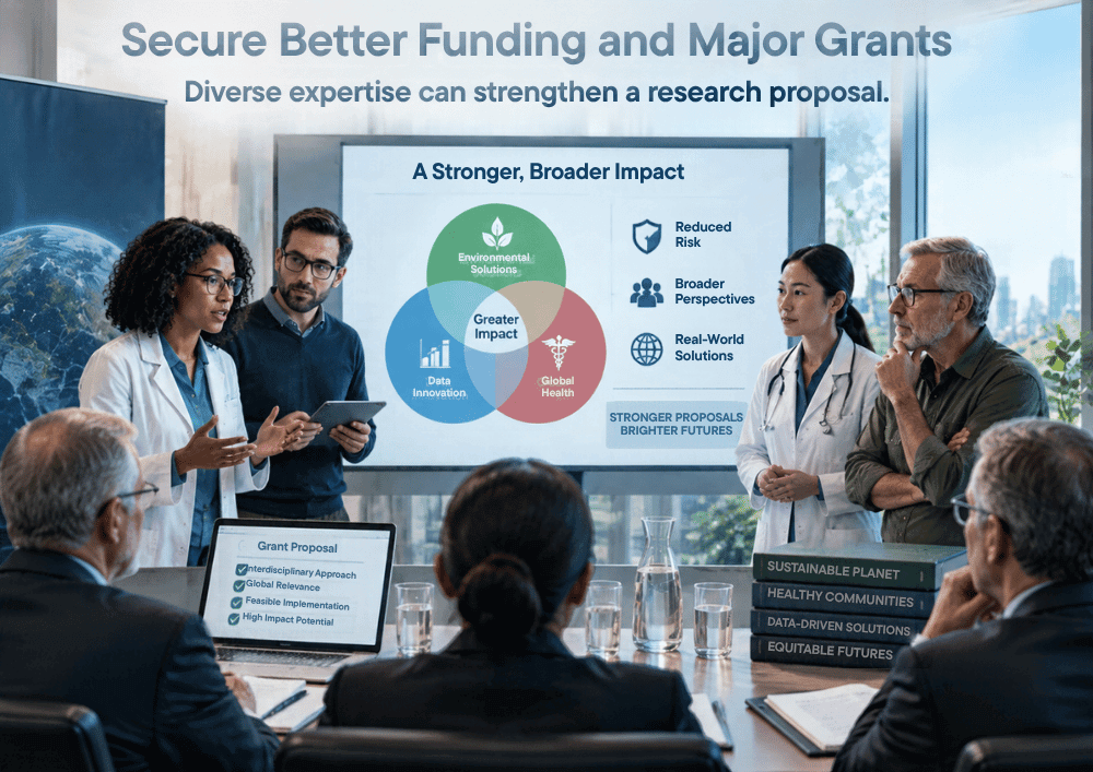 A collaborative research team presenting an interdisciplinary grant proposal to a review panel. The presentation screen features a Venn diagram highlighting how diverse expertise leads to a stronger, broader impact and reduced risk.