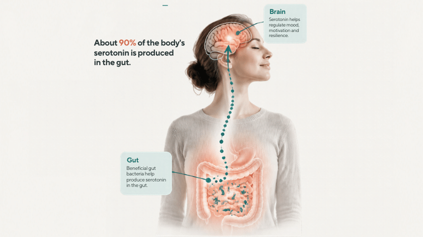 An infographic showing a woman with anatomical illustrations of her brain and digestive system overlaid on her body. A dotted line with an arrow points upward from the gut to the brain. Prominent text states, "About 90% of the body's serotonin is produced in the gut.". Additional text boxes explain that beneficial gut bacteria help produce serotonin in the gut, and that in the brain, serotonin helps regulate mood, motivation, and resilience.   