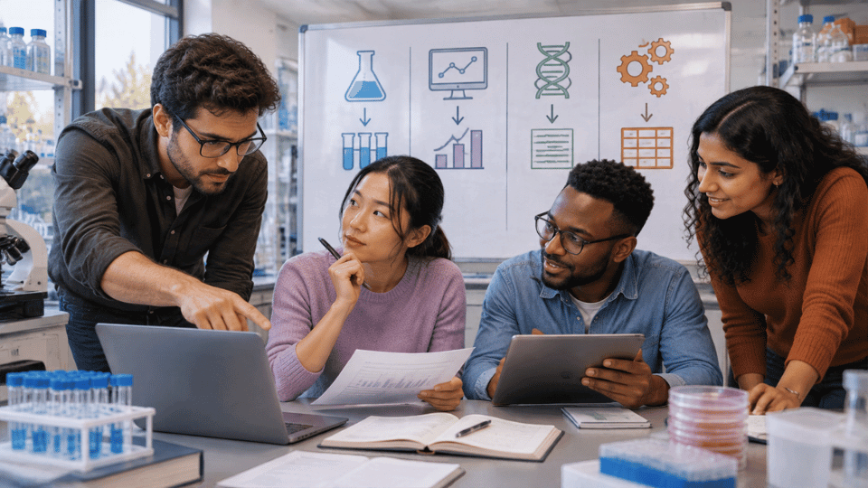Four researchers collaborating closely at a lab desk, looking at a laptop and a tablet. Behind them, a whiteboard displays a flowchart of scientific tasks being divided, showing a beaker, computer, DNA, and gears funneling into individual outcomes.