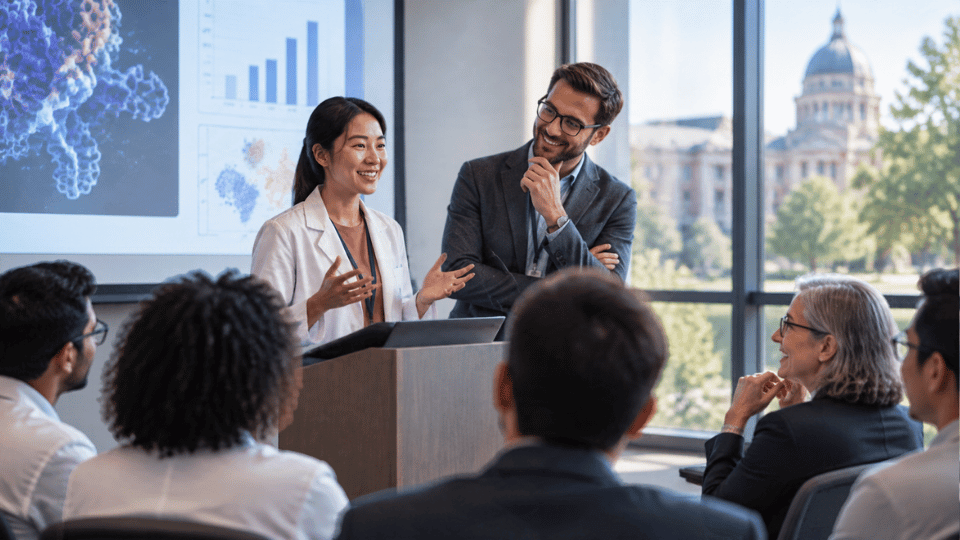 A female researcher confidently giving a presentation at a podium to an engaged audience of diverse scholars. A senior male researcher stands supportively beside her. A large screen displays biological data behind them.
