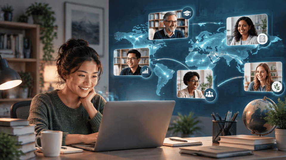 A smiling researcher works at a laptop. A large, glowing digital world map is projected behind her, connecting her via glowing lines to video-call screens of diverse, international academics.