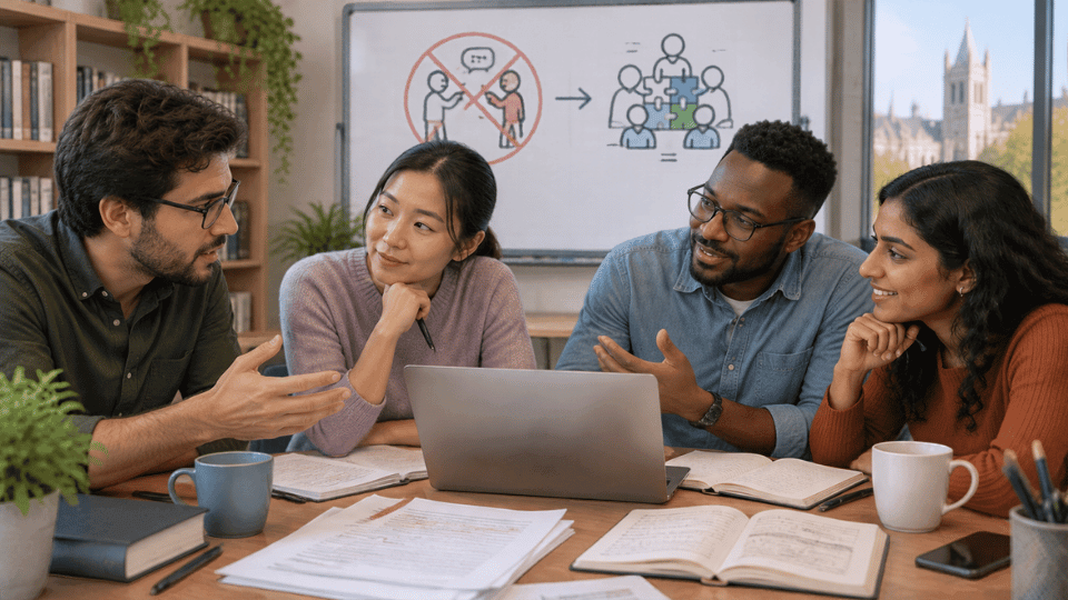 Four researchers engaged in a positive discussion around a laptop. A whiteboard behind them displays a crossed-out image of two people arguing, with an arrow pointing to a positive image of four people fitting puzzle pieces together