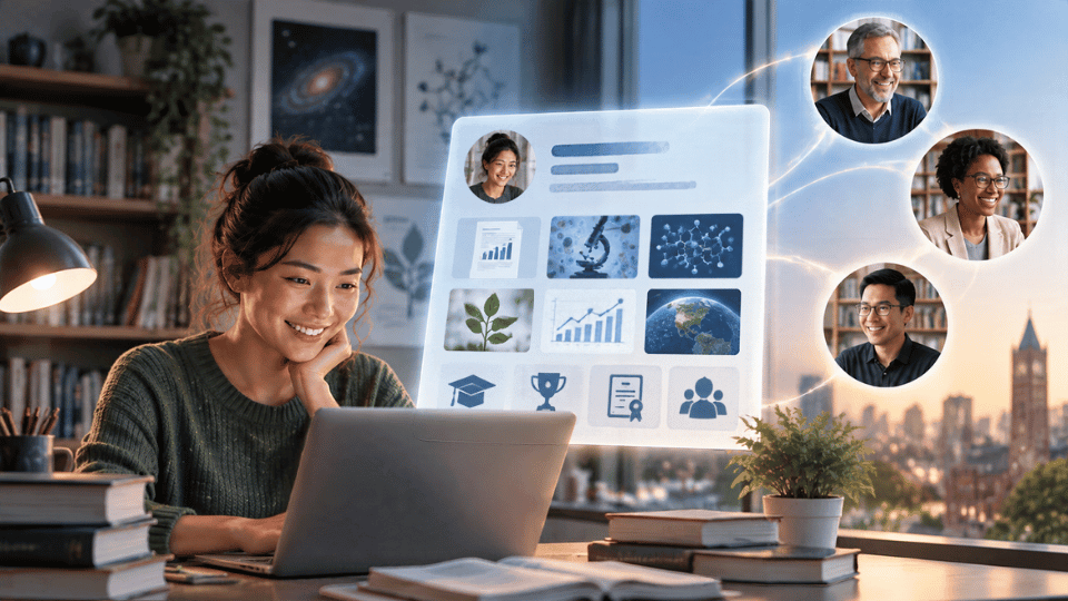A female researcher smiles at her laptop. A large, glowing digital profile hologram floats above the screen, showcasing her expertise with icons for data, awards, and degrees. Glowing lines connect her profile directly to three other academic experts.
