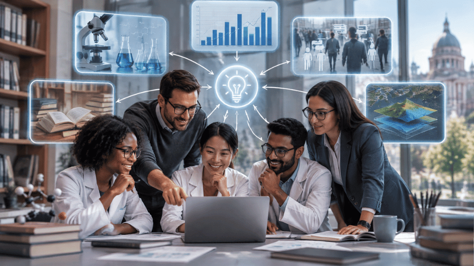 A research team happily collaborating around a laptop. Above them, digital icons representing chemistry, data charts, sociology, literature, and geography all point toward a central glowing lightbulb icon, symbolizing interdisciplinary innovation.