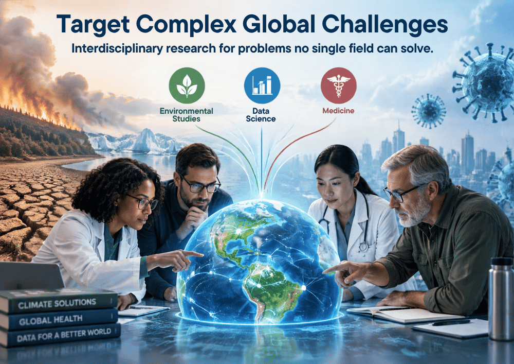 A diverse team of four researchers analyzing a glowing, interconnected 3D globe. Above them, icons for Environmental Studies, Data Science, and Medicine merge their data streams directly into the globe. The background illustrates complex global challenges, featuring a forest fire, cracked earth, and large virus particles.